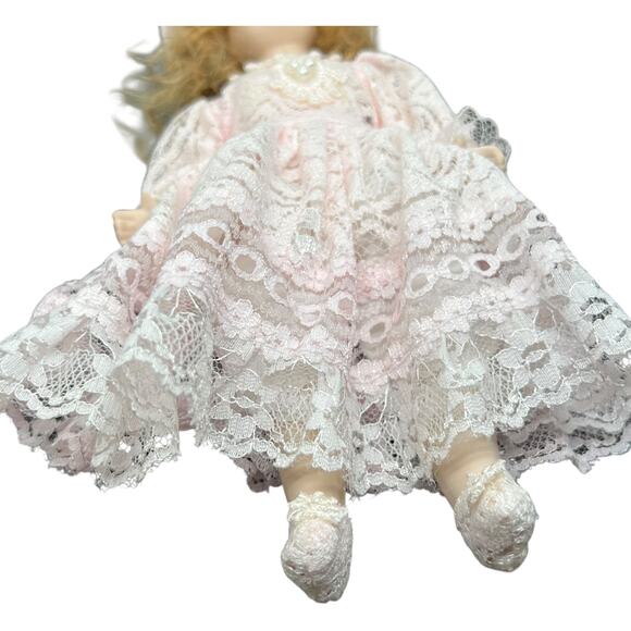 Porcelain Girl Doll in Blush Pink Lace Dress with Sunburst Hat - Picture 9 of 11